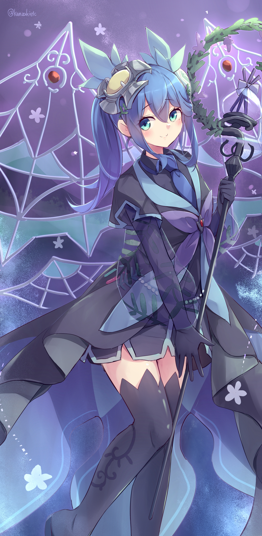 1girl absurdres aqua_hair aromage_rosemary aromalilith_rosemary black_dress black_gloves black_thighhighs blue_eyes blue_necktie blush closed_mouth dress duel_monster fairy_wings feet_out_of_frame gloves hair_between_eyes hair_ornament highres holding holding_scepter holding_weapon kanzakietc long_hair long_sleeves necktie ponytail scepter smile solo thighhighs twitter_username weapon wings yu-gi-oh! zettai_ryouiki