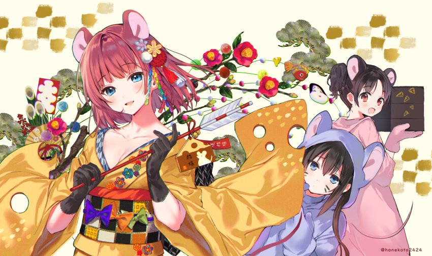 3girls :d animal_costume animal_ears animal_hood arrow_(projectile) bamboo beige_background bell black_gloves black_hair blue_eyes branch brown_hair brown_kimono checkered_sash cheese chinese_zodiac commentary_request doukyuusei_(hanekoto) ema facial_mark flower food food-themed_clothes furisode gloves hair_ornament hamaya hanekoto head_tilt highres holding holding_arrow hood hood_down hood_up imouto_(hanekoto) japanese_clothes jingle_bell kadomatsu kanzashi kimono long_sleeves looking_at_viewer mouse_costume mouse_ears mouse_hood multiple_girls new_year obi open_mouth original osananajimi_(hanekoto) osechi parted_lips photoshop_(medium) red_eyes red_flower sash side_ponytail smile tsumami_kanzashi twintails twitter_username upper_body whisker_markings wide_sleeves year_of_the_rat