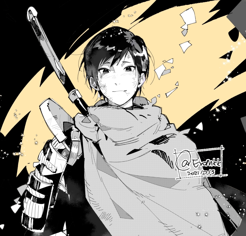 1boy armor blood blood_on_face bruise bruise_on_face cloak closed_mouth eromkk fumetsu_no_anata_e greyscale_with_colored_background highres injury japanese_armor kahaku_(fumetsu_no_anata_e) light_smile male_focus monochrome naginata polearm shards short_hair shoulder_armor sode solo upper_body weapon weapon_on_back yellow_background