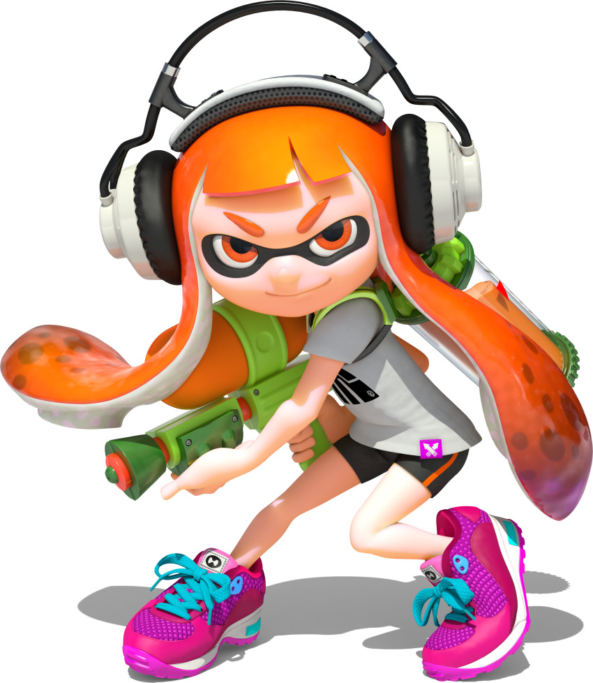 1girl 3d absurdres bare_arms bike_shorts eye_mask full_body gradient_hair headphones highres holding holding_weapon ink_tank_(splatoon) inkling inkling_girl inkling_player_character kaori_(splatoon) leaning_forward long_hair looking_at_viewer multicolored_hair nintendo official_art orange_eyes orange_hair pink_shoes shirt shoelaces shoes short_eyebrows short_hair_with_long_locks sidelocks smile sneakers solo splatoon_(series) splatoon_1 splattershot_(splatoon) spotted_hair standing suction_cups t-shirt tentacle_hair thick_eyebrows transparent_background two-tone_hair v-shaped_eyebrows weapon white_shirt