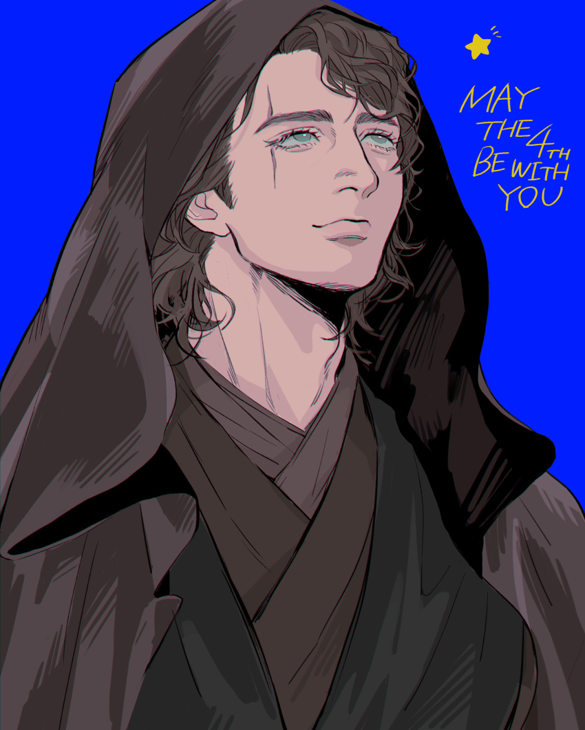1boy absurdres anakin_skywalker blue_background blue_eyes brown_hair brown_hood brown_robe brown_tunic english_text highres hooded_robe masososo may_the_4th robe scar scar_across_eye scar_on_face simple_background solo star_(symbol) star_wars star_wars:_revenge_of_the_sith tunic upper_body