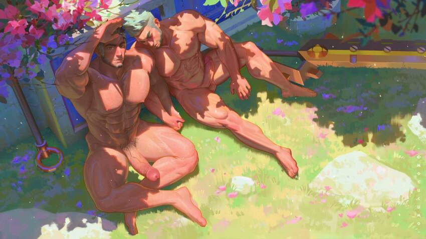2boys abs bara beard closed_eyes closed_mouth completely_nude day erection facial_hair grey_hair gyee holding_hands large_pectorals looking_at_viewer male_focus male_pubic_hair master_(gyee) mocucumo multiple_boys muscular muscular_male navel nipples nude outdoors pectorals penis pubic_hair short_hair sword takashi_(gyee) testicles thick_thighs thighs weapon yaoi