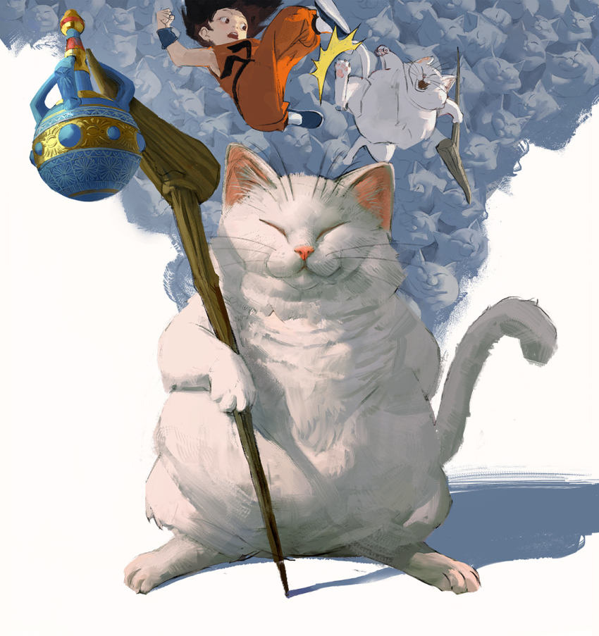 1boy animal bare_shoulders black_hair cat child clenched_hand closed_eyes closed_mouth dragon_ball dragon_ball_(classic) fighting full_body hand_up highres holding holding_staff karin_(dragon_ball) looking_at_viewer multiple_views open_mouth orange_pants orange_shirt pants sangsoo_jeong shirt shoes smile son_goku staff standing white_background
