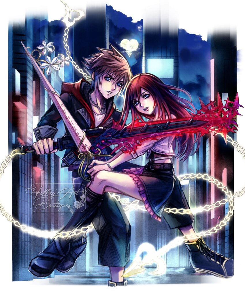 1boy 1girl alternate_costume alternate_hair_length alternate_hairstyle artist_name black_footwear black_jacket black_pants black_skirt blue_eyes boots brown_hair commentary english_commentary hair_between_eyes highres holding holding_weapon hollypolllyy hood hooded_jacket jacket jewelry kairi_(kingdom_hearts) keyblade kingdom_hearts kingdom_hearts_iv looking_at_viewer necklace official_alternate_costume pants parted_lips red_hair shoes short_hair skirt sora_(kingdom_hearts) spiked_hair weapon