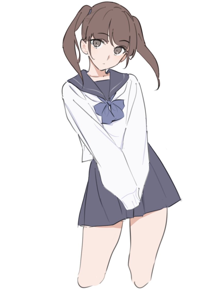 1girl brown_eyes brown_hair cowboy_shot highres kashiwa_(iersansi) looking_at_viewer original pleated_skirt sailor_collar school_uniform serafuku simple_background skirt solo thighs twintails white_background