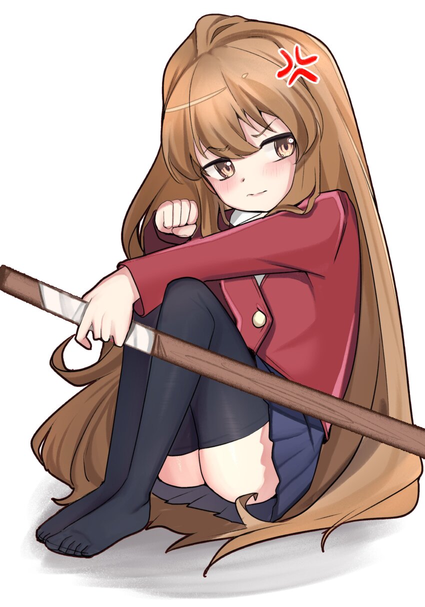 1girl absurdres aisaka_taiga anger_vein averting_eyes black_thighhighs blue_skirt blush bokken brown_eyes brown_hair clenched_hand closed_mouth hair_between_eyes hand_up highres holding jacket knees_up long_hair long_sleeves meemz_a miniskirt no_shoes on_ground oohashi_high_school_uniform pleated_skirt red_jacket school_uniform simple_background sitting skirt solo sword thighhighs thighs toes toradora! very_long_hair weapon white_background wooden_sword