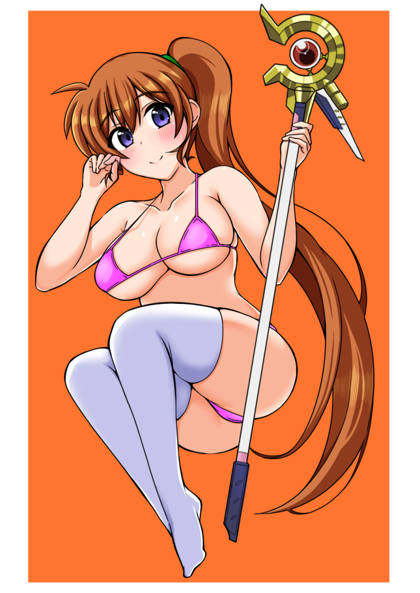 1girl ass bikini blue_eyes blush breasts brown_hair cleavage closed_mouth collarbone highres kunisaki-air large_breasts long_hair looking_at_viewer lyrical_nanoha magical_girl mahou_shoujo_lyrical_nanoha_strikers ponytail raising_heart solo swimsuit takamachi_nanoha thighhighs white_thighhighs
