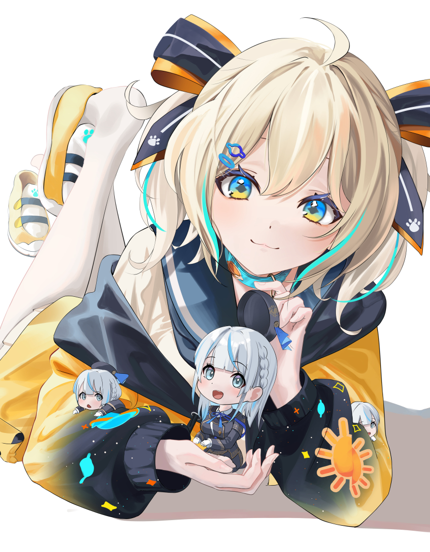 2girls absurdres ahoge amagai_ruka appare_hinata blonde_hair blue_collar blue_eyes blue_hair blue_neckerchief blue_sailor_collar collar gradient_eyes hair_ornament hairclip highres jacket long_sleeves looking_at_viewer lying multicolored_eyes multicolored_hair multiple_girls neckerchief on_stomach sailor_collar school_uniform serafuku shirt short_hair simple_background skirt smile sun_print tanishi_(hetianming11093) thighhighs two-tone_hair virtual_youtuber weather_planet white_background white_serafuku white_shirt white_skirt white_thighhighs yellow_eyes yellow_jacket