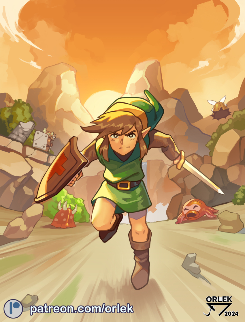 1boy absurdres armos artist_name belt boots brown_footwear cliff cloud commentary creature determined english_commentary foliage full_body green_hat green_tunic hat highres holding holding_shield holding_sword holding_weapon horns leever light_brown_hair link looking_at_viewer male_focus medium_hair mountain nintendo octorok one-eyed orlek outdoors patreon_username peahat pointy_ears pointy_hat redrawn rock running running_towards_viewer shield sidelocks sky solo_focus spikes sun sword tentacles the_legend_of_zelda tunic water waterfall weapon
