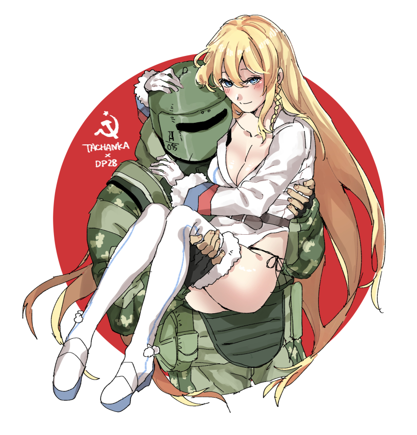 1boy 1girl ballistic_face_mask ballistic_face_shield ballistic_helmet black_panties blonde_hair blue_eyes boots braid breasts carrying cleavage crossover dp28_(girls&#039;_frontline) fingerless_gloves girls&#039;_frontline gloves hammer_and_sickle helmet highres large_breasts long_hair long_sleeves maska military_operator panties princess_carry rainbow_six_siege red_background sanso_(kasyawamoti) side-tie_panties tachanka_(rainbow_six_siege) thigh_boots thighhighs two-tone_background underwear visor visor_(armor) white_background white_footwear white_gloves