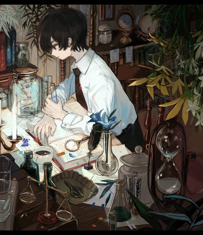 1boy analog_clock bad_id bad_twitter_id balance_scale beaker black_eyes black_hair black_necktie black_pants blouse book bookmark bookshelf bug butterfly candle candlelight candlestand chair chemistry_set clock coffee collared_shirt cup dragon dress_shirt erlenmeyer_flask feathers flask flower globe highres holding hourglass indoors inkwell insect jar lily_(flower) long_sleeves looking_away looking_down magnifying_glass male_focus mortar_(bowl) necktie note open_book original pants paper pen pestle plant quill scissors shirt sitting solo studying table teacup test_tube uzume_(uzume_e) weighing_scale white_shirt