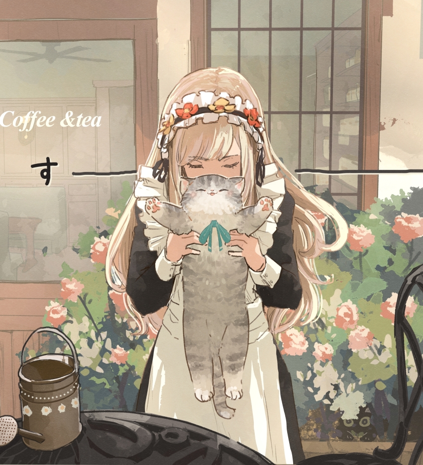 1girl absurdres animal apron black_dress black_hairband blonde_hair cat chair closed_eyes commentary_request dress frilled_hairband frills grey_cat hairband highres holding holding_animal holding_cat long_hair long_sleeves maid oimo_imoo original outdoors smelling standing table watering_can white_apron
