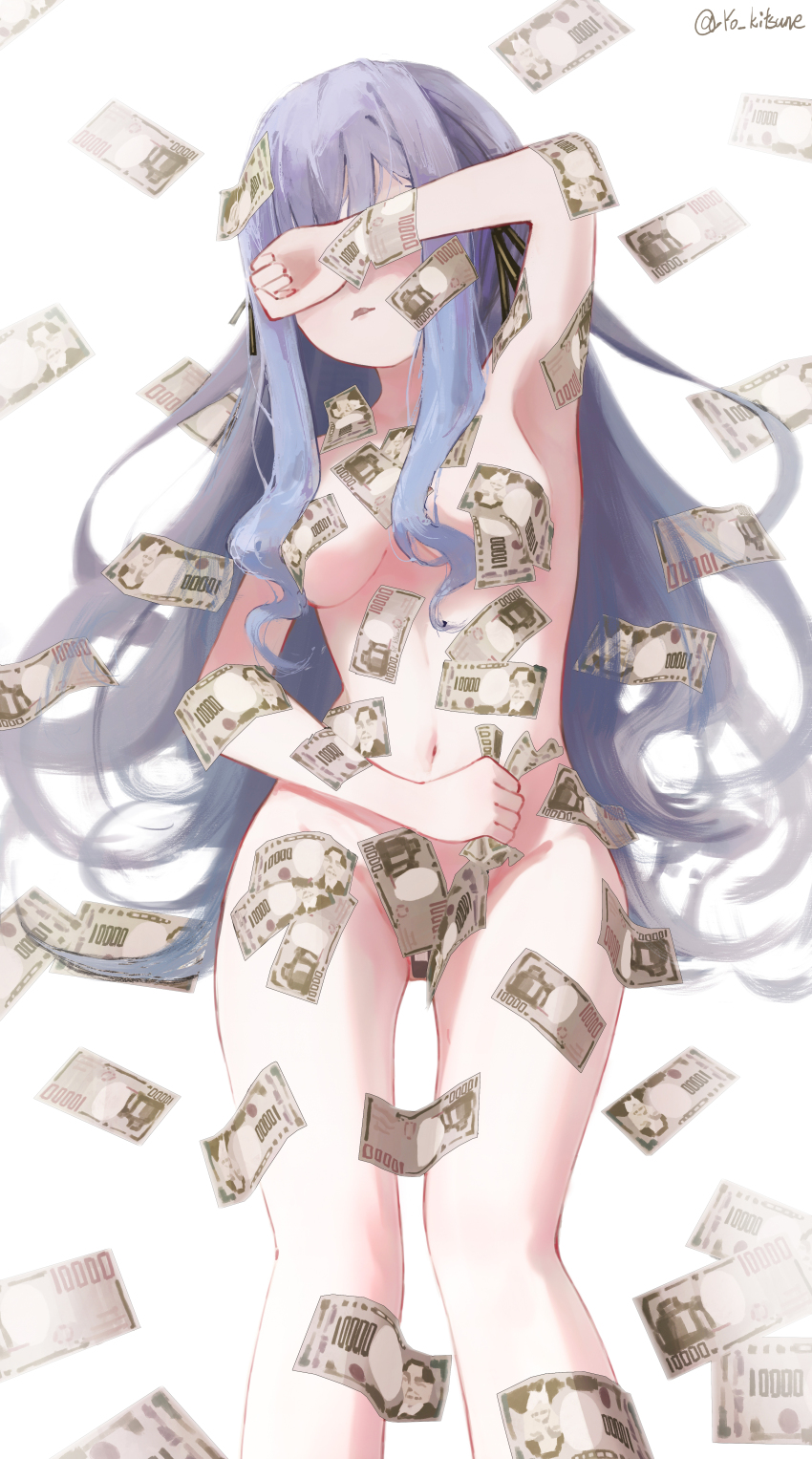 1girl absurdres bandaid bandaid_on_pussy bang_dream! bang_dream!_it&#039;s_mygo!!!!! banknote black_ribbon blue_hair breasts commentary convenient_censoring hair_ribbon highres kitsune_yo long_hair medium_breasts money navel open_mouth ribbon sidelocks simple_background solo togawa_sakiko twitter_username white_background