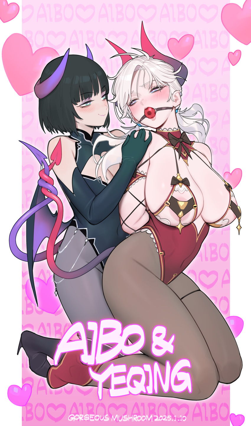 2girls absurdres aibo_(gorgeous_mushroom) ass ball_gag bat_wings black_horns black_tail blue_eyes blush breasts cleavage couple curled_horns demon demon_girl demon_horns demon_tail demon_wings earrings freckles gag gorgeous_mushroom heart highres horns huge_breasts jewelry large_breasts long_hair multiple_girls navel open_mouth original pantyhose short_hair tail white_hair wings yeqing_(gorgeous_mushroom) yuri