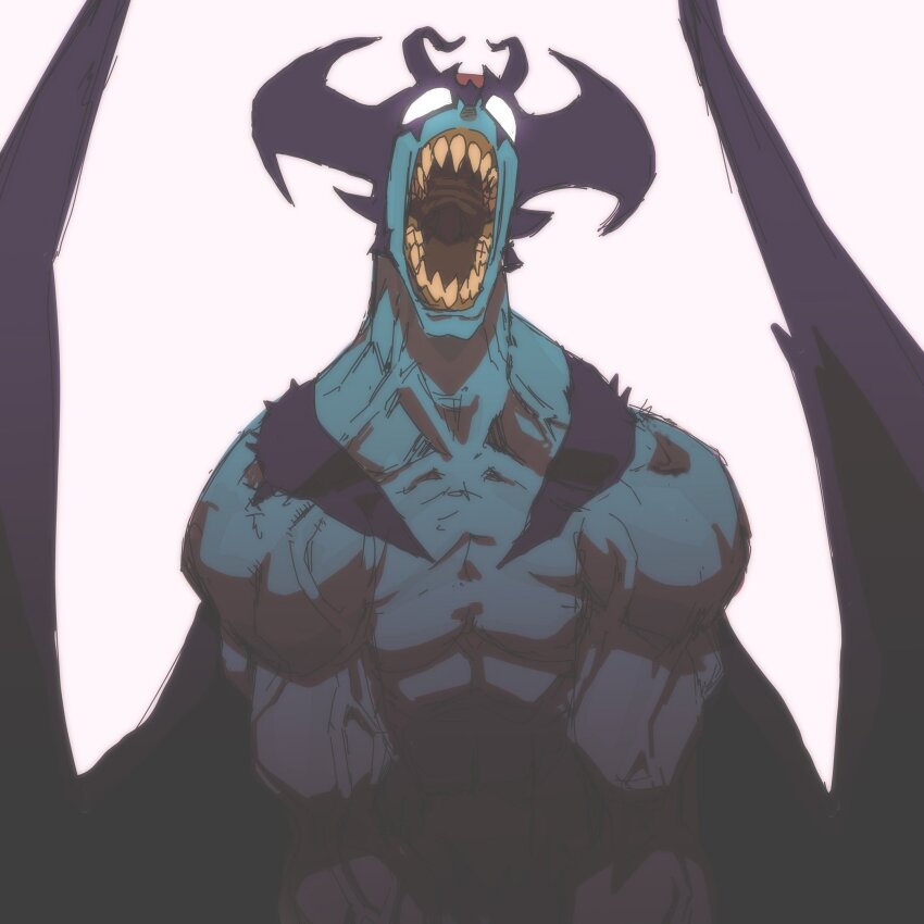 1boy aisendraw antennae blank_eyes blue_skin collarbone colored_skin demon_horns demon_wings devilman devilman_(character) devilman_crybaby facial_mark glowing glowing_eyes highres horns male_focus muscular muscular_male open_mouth sharp_teeth teeth topless_male upper_body veins white_background wings