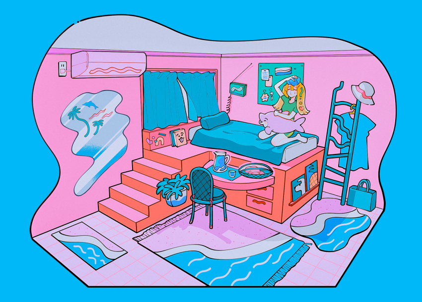 1girl bag barefoot bed bedroom blonde_hair blue_border border chair closed_eyes clothes commentary_request curtains dolphin_shorts green_shirt green_shorts heart highres ice_pack indoors inuha_dog_wave ladder long_hair on_bed open_mouth original pillow pitcher_(container) plant potted_plant rug scenery shirt shopping_bag short_sleeves shorts sitting solo stairs stuffed_animal stuffed_toy twintails wariza wide_shot window