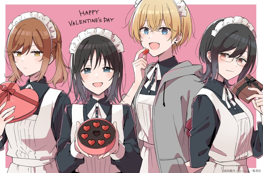 4girls :d apron black_hair black_shirt blonde_hair blue_eyes blush border bow bowtie box box_of_chocolates brown_eyes brown_hair candy chocolate chocolate_heart collared_shirt dress_shirt earrings fang food gift gift_box grey_jacket hana_wa_saku_shura_no_gotoku happy_valentine haruyama_hana heart heart-shaped_box heart-shaped_food heart_earrings highres holding holding_food holding_gift hood hooded_jacket jacket jewelry light_frown light_smile lineup long_sleeves looking_at_viewer maid maid_headdress multiple_girls musshu_(omu001) natsue_an official_art open_clothes open_jacket open_mouth outside_border pink_background red_eyes second-party_source shirt short_hair smile totonoi_ryouko twintails usurai_mizuki valentine white_apron white_border white_bow white_bowtie