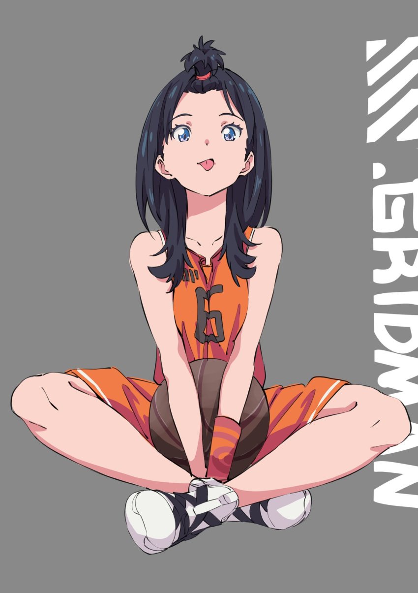 10s 1girl ball basketball basketball_(object) basketball_uniform black_hair blue_eyes forehead gridman_universe high_ponytail highres indian_style jersey lebron_james long_hair nike_(company) nike_lebron_soldier_12 ponytail saitou_kengo shoes shorts sitting sneakers sportswear ssss.gridman takarada_rikka tongue tongue_out