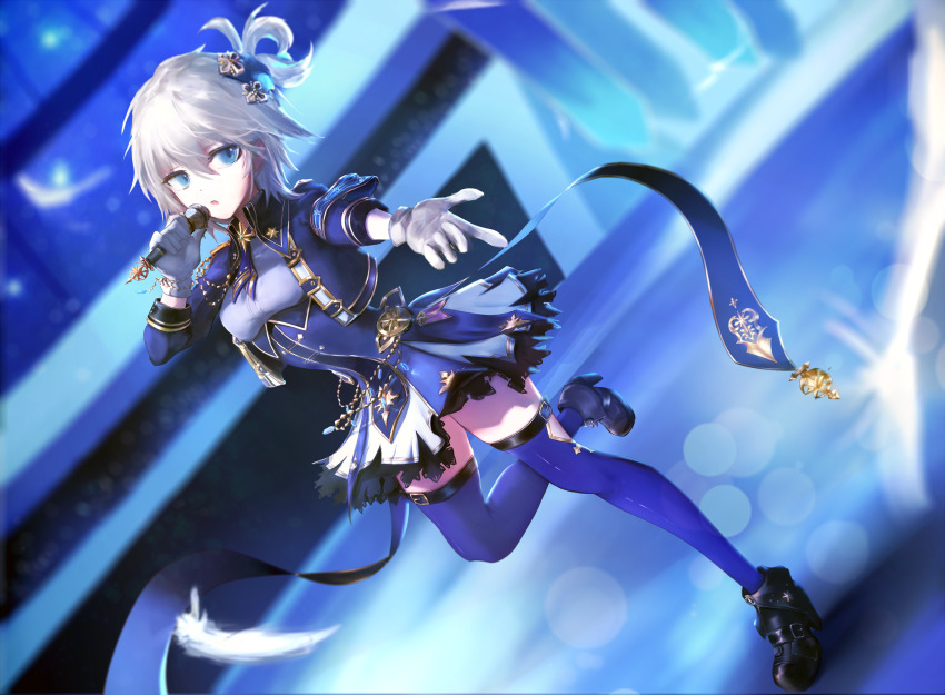 1girl anastasia_(idolmaster) blue_eyes blue_thighhighs breasts deeporbitalsky dress frilled_dress frills gloves grey_hair high_heels highres idolmaster idolmaster_cinderella_girls idolmaster_cinderella_girls_starlight_stage long_hair microphone music ponytail singing skindentation small_breasts solo standing standing_on_one_leg thighhighs white_gloves zettai_ryouiki