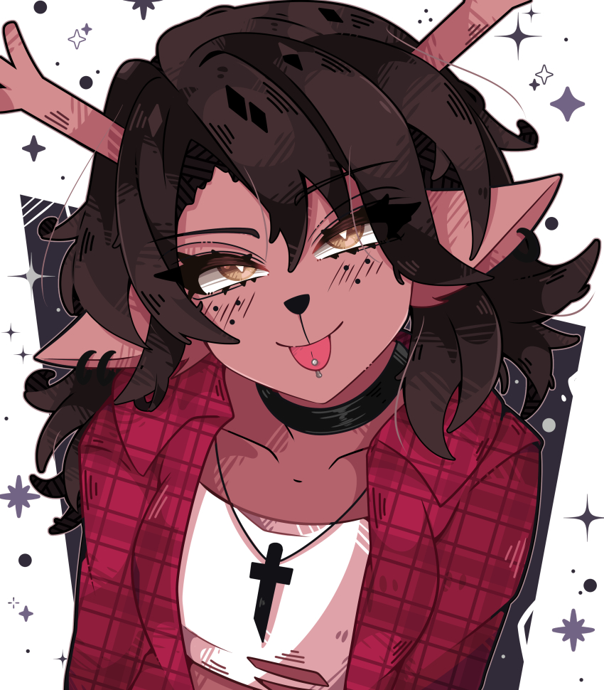 1girl absurdres animal_ear_piercing animal_ears antlers black_choker bright_pupils brown_eyes brown_hair choker cross cross_necklace december_holiday deer_antlers deer_ears deltarune flannel freckles furry furry_female highres hiro_horn horns jewelry looking_at_viewer medium_hair necklace piercing smile solo sparkle tongue tongue_out tongue_piercing upper_body white_background white_pupils