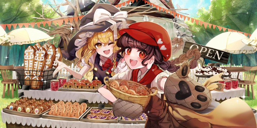 2girls alternate_costume basket black_hair black_hat black_vest blonde_hair bow braid bread brown_dress brown_hair chair collared_shirt commentary cookie dress english_commentary food game_cg hair_bow hat hat_bow highres ishikawa_sparerib kirisame_marisa long_earlobes long_hair looking_at_viewer muffin multiple_girls official_art one_eye_closed open_mouth outdoors oven_mitts puffy_short_sleeves puffy_sleeves red_eyes red_hat shirt short_sleeves side_braid single_braid smile sparkle table third-party_source touhou touhou_lostword tree twin_braids umbrella vest white_bow white_shirt witch_hat yatadera_narumi yellow_eyes