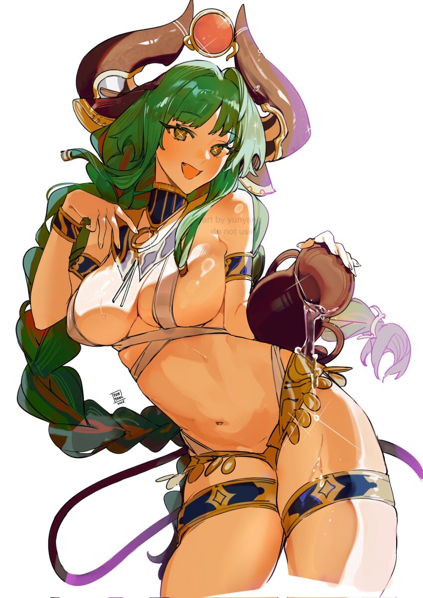1girl ancient_egyptian_clothes azur_lane blush braid breasts fang green_hair hands_up highres jewelry large_breasts low_twin_braids navel open_mouth raffaello_(azur_lane) raffaello_(protector_of_love_and_beauty)_(azur_lane) revealing_clothes signature simple_background solo stomach thigh_strap twin_braids white_background x_x yellow_eyes yun-yang
