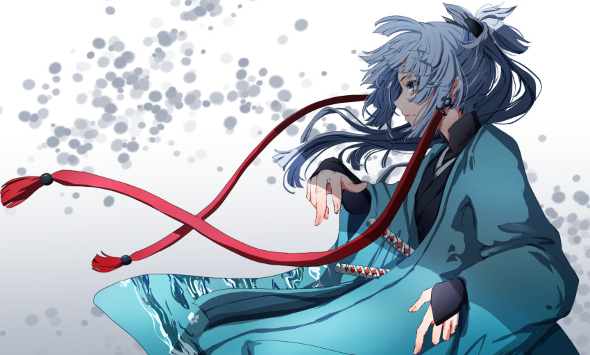 1girl absurdres blue_eyes blue_haori bridal_gauntlets fate/samurai_remnant fate_(series) haori highres japanese_clothes katana long_hair nuru_himmel ponytail profile shadow sword weapon white_hair yui_shousetsu_(fate)
