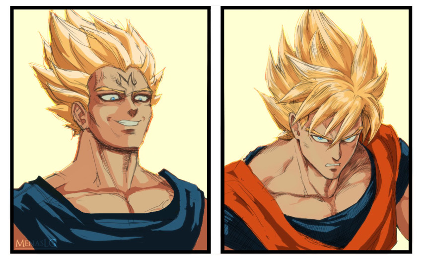 2boys blonde_hair blue_eyes blue_shirt collarbone dougi dragon_ball dragonball_z evil_smile frown hair_between_eyes majin_vegeta male_focus menaslg multiple_boys shirt smile son_goku spiked_hair super_saiyan super_saiyan_1 upper_body vegeta veins white_background widow&#039;s_peak