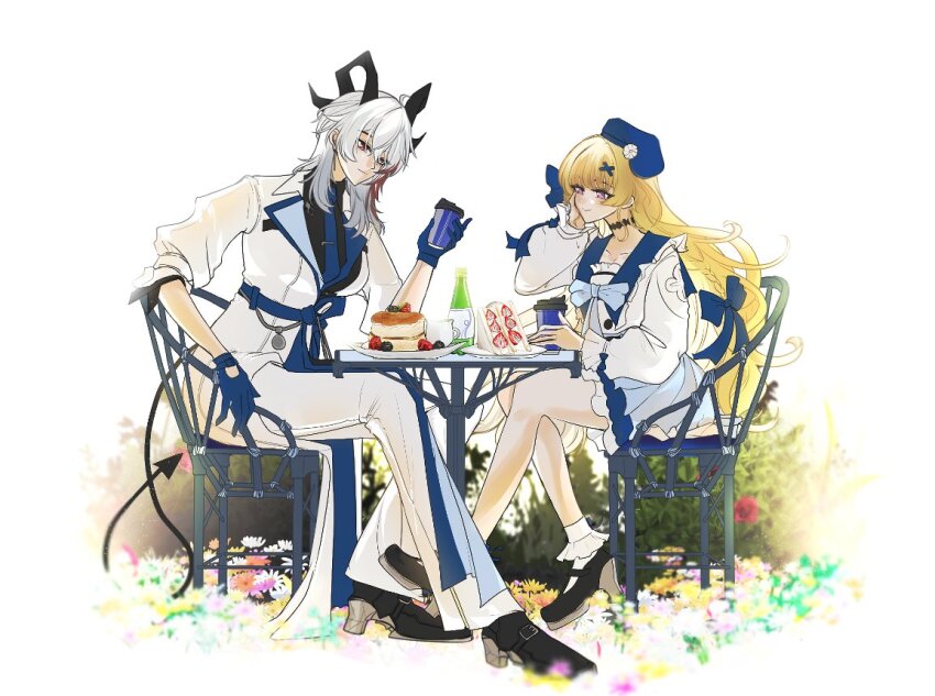 2girls black_horns black_shirt black_shoes blonde_hair blue_gloves blue_hat blue_necktie bottle choikfu closed_mouth cup curled_horns disposable_coffee_cup disposable_cup earrings food fruit_sandwich gloves hat holding holding_cup horns jacket jewelry key_earrings lawson long_hair looking_at_another multicolored_hair multiple_girls necktie official_alternate_costume pancake pants phoebe_(wuthering_waves) purple_eyes red_eyes shirt shoes smile streaked_hair white_jacket white_pants wuthering_waves zani_(wuthering_waves)