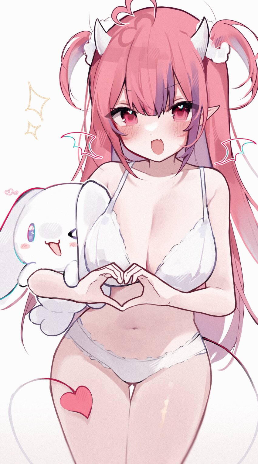 1girl :3 absurdres ahoge blush bra breasts cinnamoroll cleavage collarbone commentary demon_horns demon_tail fang fuwa_fuwa_cinnamoroll heart heart_ahoge heart_hands heart_in_eye highres horns ironmouse large_breasts long_hair looking_at_viewer meiwowowo multicolored_hair navel one_eye_closed open_mouth panties pink_eyes pink_hair pointy_ears sanrio simple_background skin_fang smile sparkle stomach symbol_in_eye tail thigh_gap thighs two-tone_hair two_side_up underwear virtual_youtuber vshojo white_background white_bra white_panties