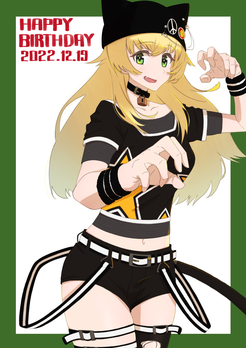 1girl absurdres animal_collar animal_hat anzio_(emblem) belt birthday black_collar black_hat black_shirt black_shorts black_thighhighs blonde_hair border carpaccio_(girls_und_panzer) cat_hat collar commentary cowboy_shot dated emblem english_commentary fang girls_und_panzer girls_und_panzer_senshadou_daisakusen! green_border green_eyes happy_birthday hat highres idol lock long_hair micro_shorts midriff navel oritako padlock padlocked_collar peace_symbol shirt short_sleeves shorts solo star_(symbol) star_print thigh_strap thighhighs torn_clothes torn_thighhighs white_belt wristband