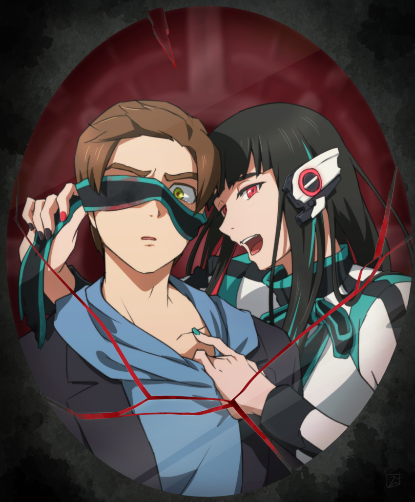 1boy 1girl animification as_(kamen_rider_01) blindfold blindfold_slip brown_hair enseki_(tenseiseki) hiden_aruto highres hood hoodie hoodie_tug kamen_rider kamen_rider_01_(series) looking_to_the_side open_mouth red_eyes tokusatsu yellow_eyes