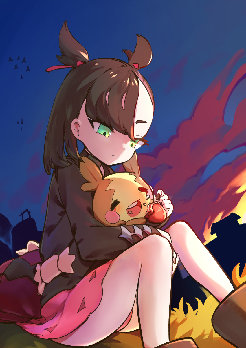 1girl absurdres backpack bag bird black_hair black_jacket black_nails blue_sky boots closed_mouth dress eating food food_on_face gen_8_pokemon grass green_eyes hair_ribbon highres holding holding_food holding_pokemon jacket looking_down marnie_(pokemon) morpeko morpeko_(full) nintendo orion_(user_cayz7348) pink_dress pokemon pokemon_(creature) pokemon_swsh ribbon sitting sky thighs twintails