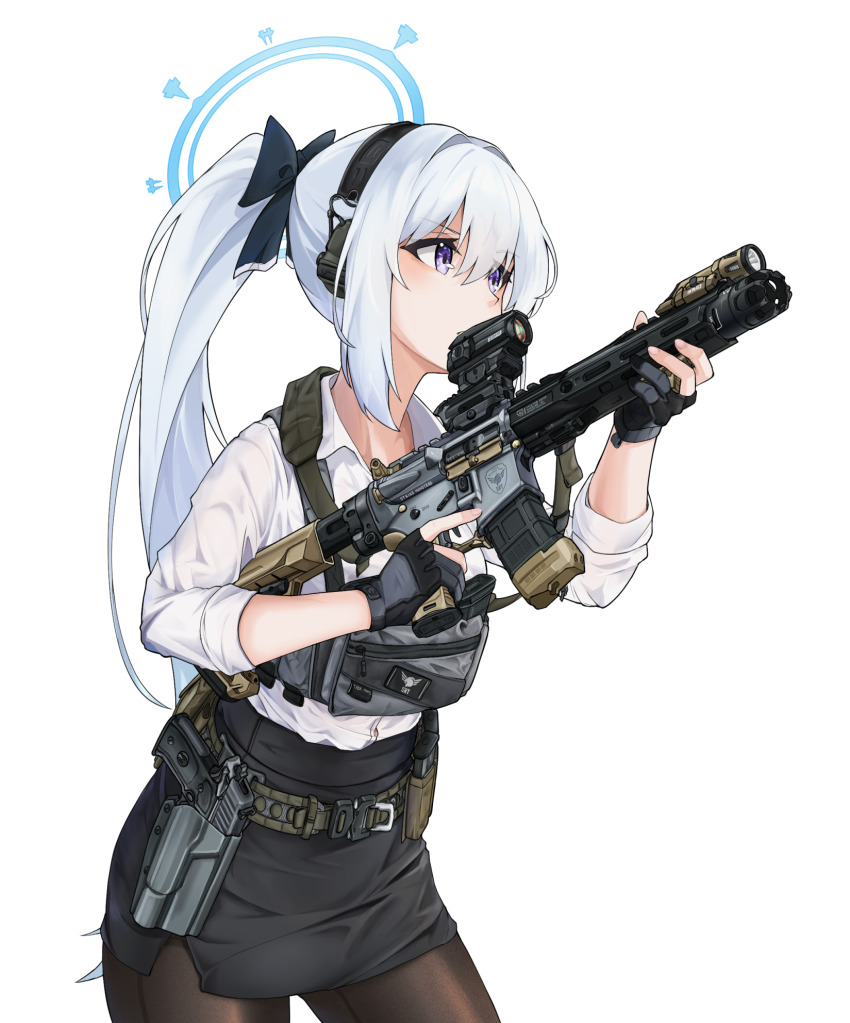 1girl ammunition_pouch ar-15 assault_rifle belt black_gloves black_pantyhose black_skirt blue_archive chest_harness chest_rig clov3r collared_shirt cowboy_shot ear_protection flashlight gloves green_belt gun gun_sling hair_between_eyes halo handgun harness high-waist_skirt highres holding holding_gun holding_weapon holster holstered legs_apart long_hair long_sleeves looking_ahead magazine_(weapon) miniskirt miyako_(blue_archive) muzzle_device pantyhose partially_fingerless_gloves pencil_skirt ponytail pouch purple_eyes rifle scope shirt shirt_tucked_in side_slit sidelocks sig_p220/p226 sig_sauer simple_background skirt sleeves_rolled_up solo very_long_hair weapon white_background white_hair white_shirt
