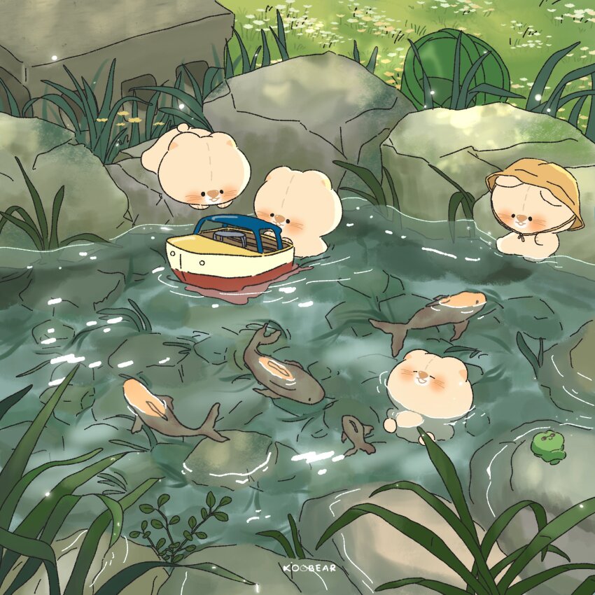 4others afloat animal animal_focus artist_name bathing cinder_block closed_eyes commentary creature fish flower frog grass hat highres kocobear koi leaf multiple_others nature onsen original outdoors partially_submerged plant ripples rock signature sitting smile soaking_feet symbol-only_commentary toy_boat wading water wet