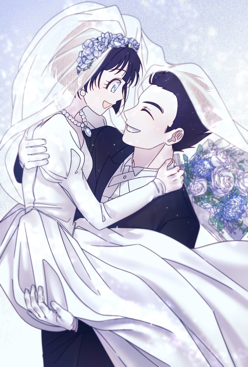 1boy 1girl black_hair blue_eyes bouquet bridal_veil carrying couple dragon_ball dragon_ball_super dress flower formal_clothes gloves happy hug husband_and_wife princess_carry smile son_gohan veil videl wedding_dress white_gloves