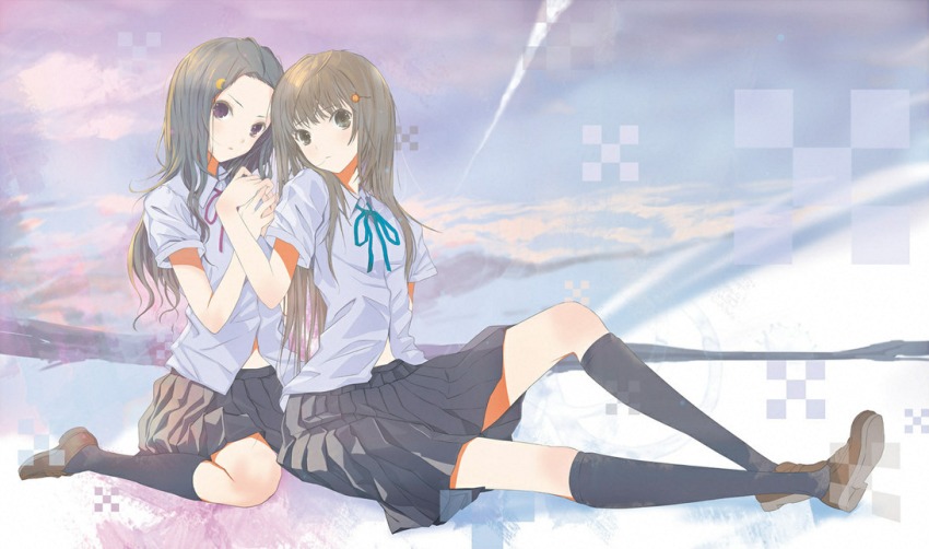 2girls alice_(claris) clara_(claris) claris_(group) crescent crescent_hair_ornament dress_shirt fuyuno_haruaki hair_ornament hairclip holding_hands multiple_girls ribbon shirt sun_symbol