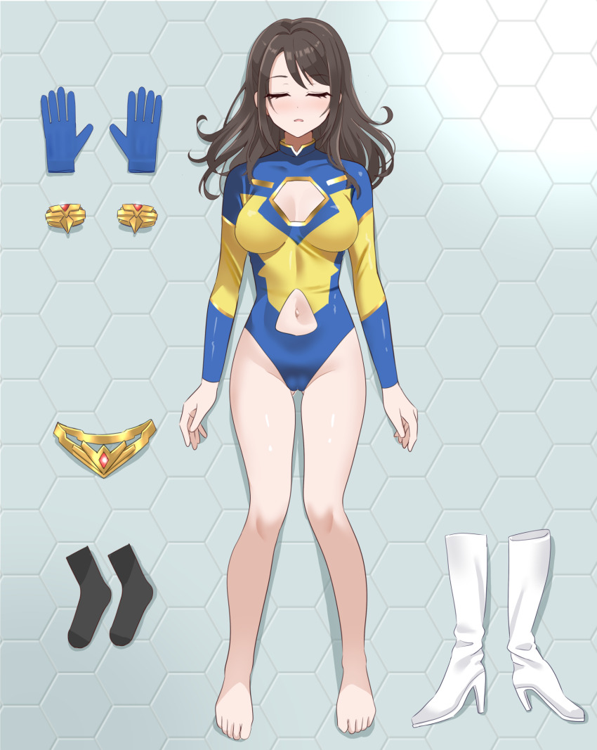 1girl belt blue_gloves blue_leotard boots bracelet breasts brown_hair cleavage_cutout closed_eyes clothing_cutout commentary_request commission elbow_gloves gloves gold_belt gold_bracelet highres jewelry leona_(taiyou_no_senshi_leona) leotard long_hair lying medium_breasts multicolored_leotard navel_cutout on_back parted_lips pixiv_commission shimouki_izui socks solo superhero_costume taiyou_no_senshi_leona two-tone_leotard unworn_belt unworn_boots unworn_bracelet unworn_gloves unworn_socks variant_set white_boots yellow_leotard