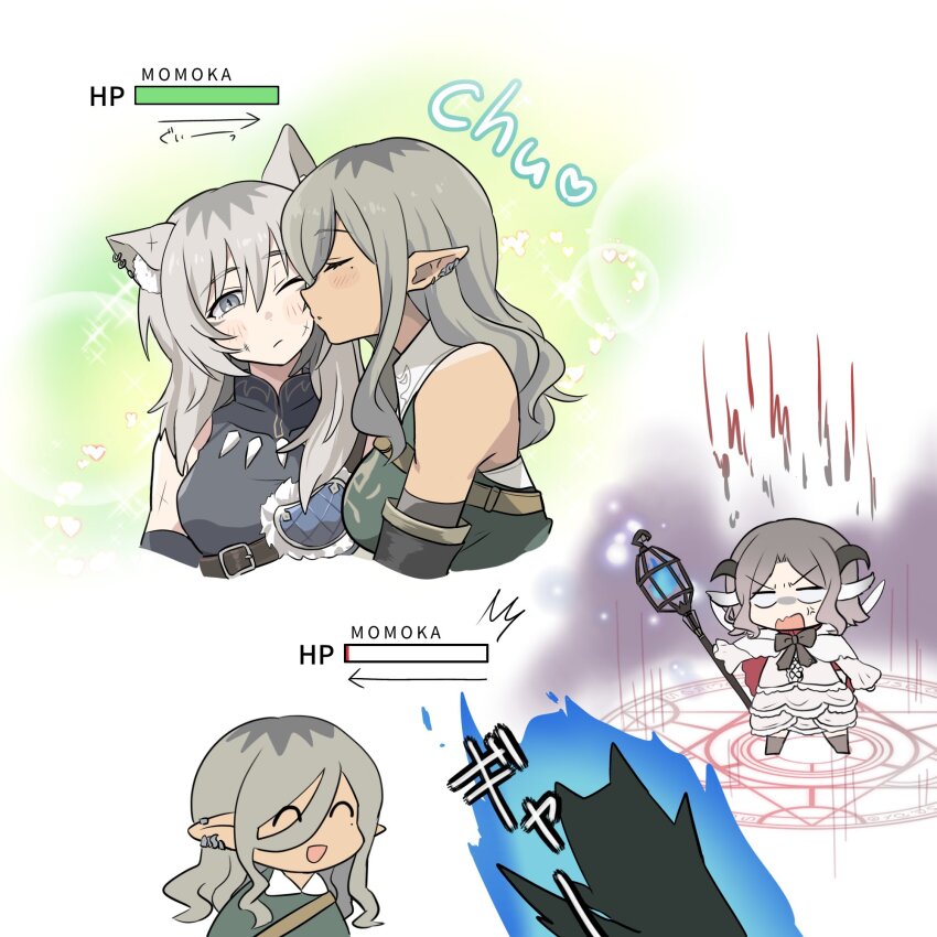 3girls angry animal_ears brown_eyes chibi dark-skinned_female dark_skin demon_horns ear_piercing ebizuka_tomo fire gameplay_mechanics girls_band_cry girls_band_cry_rpg green_background grey_eyes grey_hair health_bar highres holding holding_scepter horns jealous kawaragi_momoka kiss kissing_cheek lemoontya long_hair magic magic_circle medium_hair multiple_girls one_eye_closed piercing pointy_ears rupa_(girls_band_cry) scepter simple_background smile tail white_background wolf_ears wolf_girl wolf_tail