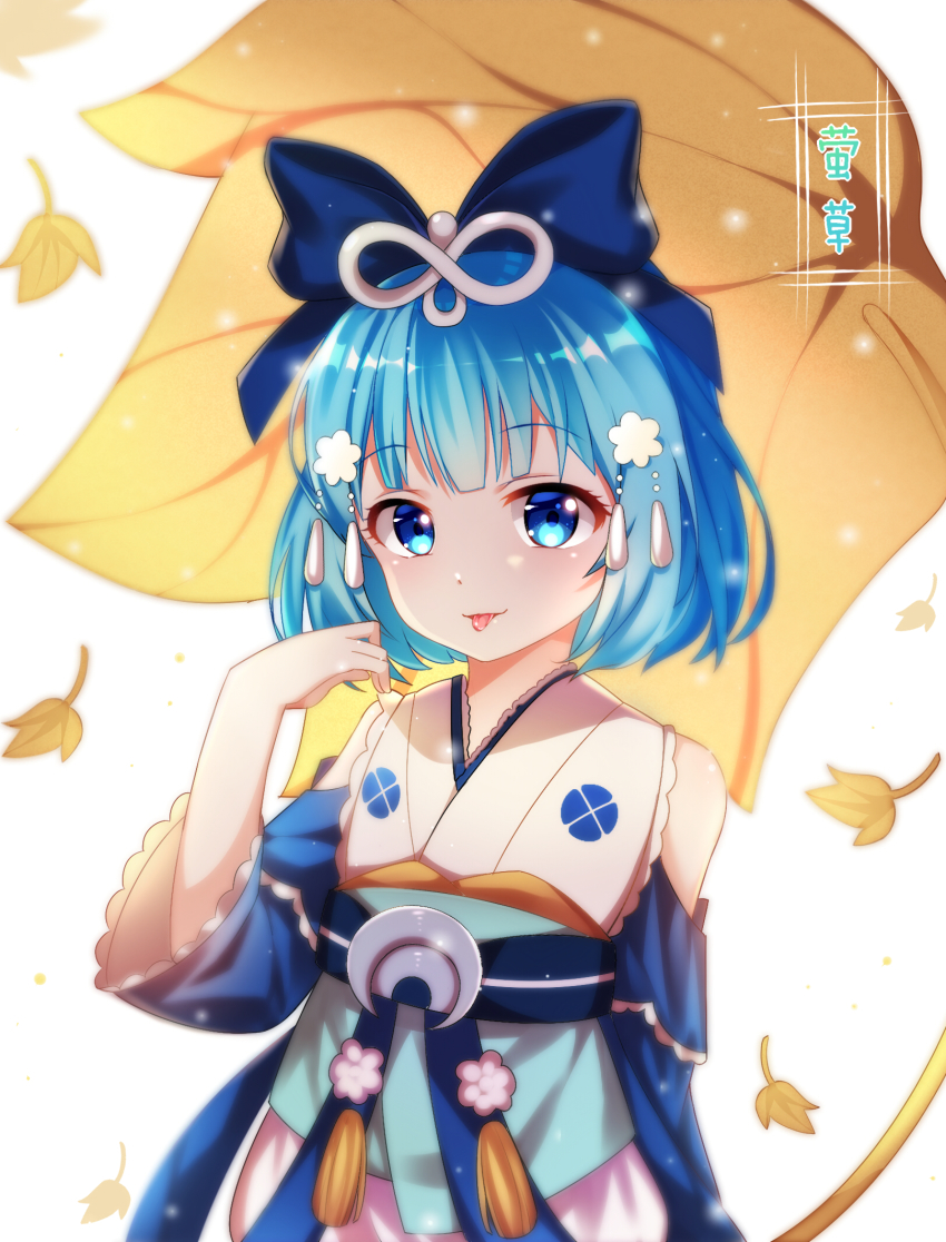 1girl bare_shoulders blue_bow blue_eyes blue_hair blush bow detached_sleeves falling_leaves female_focus flat_chest hair_bow hair_ornament highres leaf looking_at_viewer matching_hair/eyes onmyoji sannio sash short_hair solo tongue tongue_out upper_body white_background wide_sleeves ying_grass