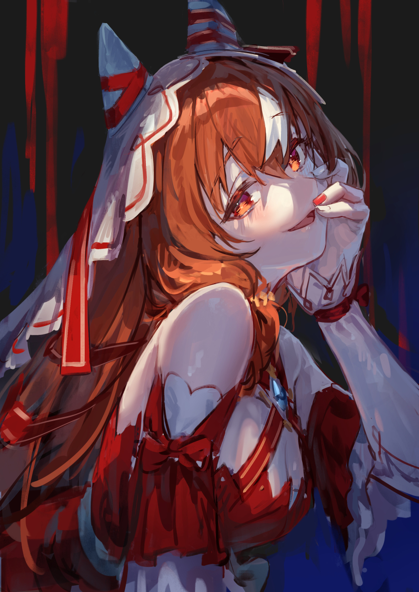 1girl absurdres animal_ears bare_shoulders breasts brown_hair closed_mouth collarbone commentary_request dark_background detached_sleeves ear_covers fingernails hair_between_eyes hair_ornament hand_on_own_cheek hand_on_own_face highres horse_ears horse_girl long_hair looking_at_viewer medium_breasts nail_polish portrait red_eyes red_nails smile still_in_love_(umamusume) thighhighs umamusume upper_body veil white_hair yu_hydra