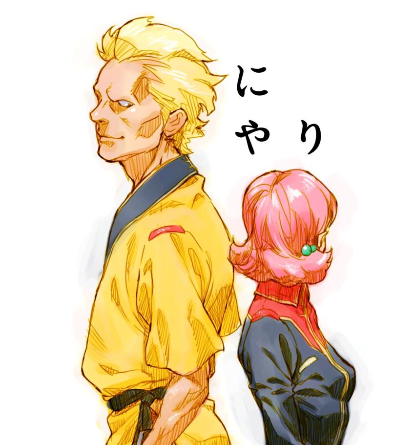1boy 1girl blonde_hair gundam highres military military_uniform pink_hair sarah_zabiarov utaco yazan_gable zeta_gundam
