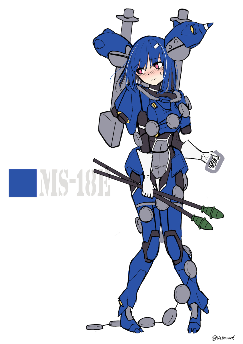 1girl artist_name blue_hair blush bodysuit covered_navel gloves gundam gundam_0080 highres holding holding_weapon i.takashi kampfer_(mobile_suit) looking_to_the_side mecha_musume personification pink_eyes solo sweatdrop weapon white_gloves