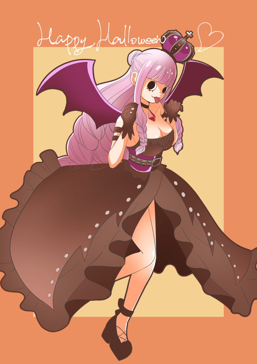 1girl :p absurdres black_choker black_dress black_eyes black_gloves black_shoes blunt_bangs choker commentary crown dress drill_hair fake_wings full_body gloves hair_bun happy_halloween heart hi_ina highres long_hair looking_at_viewer one_piece orange_background perona pink_hair shoes sidelocks solo tongue tongue_out wings