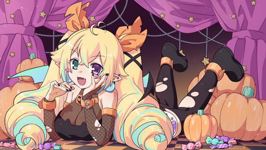 1girl ahoge aqua_eyes belt black_boots black_nails black_tube_top black_wings blonde_hair blue_hair blue_streaks blue_wings blush_stickers boots bow breasts bridal_gauntlets candy checkered_floor cleavage commentary commission crop_top drill_hair ear_piercing earrings fang fishnet_bridal_gauntlets fishnets food hair_bow hair_ornament head_rest heterochromia highres indie_virtual_youtuber jack-o&#039;-lantern jewelry kirinoha koumourin_rurika large_breasts long_hair looking_at_viewer lying mole mole_on_breast multicolored_hair multicolored_wings multiple_hair_bows nail_polish on_stomach open_mouth orange_belt orange_bow piercing pointy_ears pumpkin purple_eyes second-party_source see-through_clothes skeb_commission solo star_(symbol) strapless streaked_hair thigh_boots torn_boots torn_clothes tube_top twin_drills virtual_youtuber watanabe_akio_(style) wings wrapped_candy wrist_belt x_hair_ornament