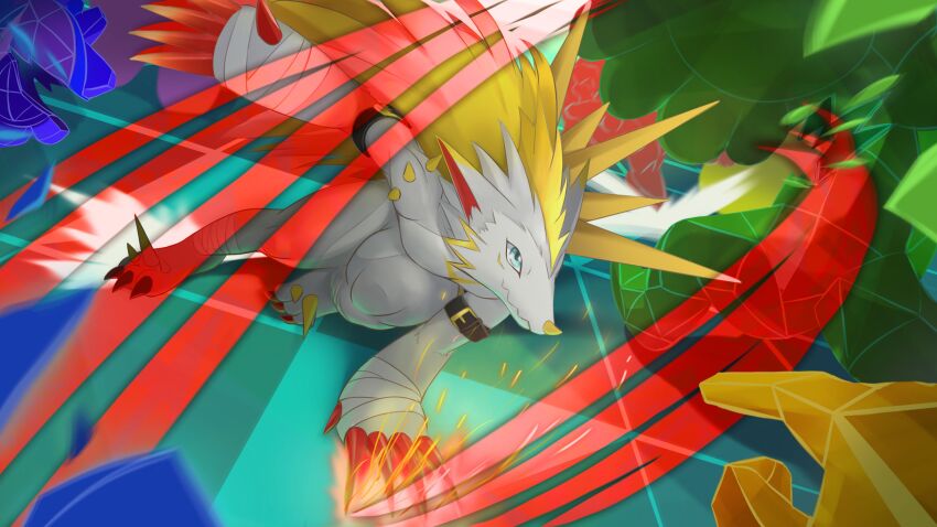 absurdres bandages belt blonde_hair blue_eyes digimon digimon_(creature) filmon highres solo spiral_(digimon)