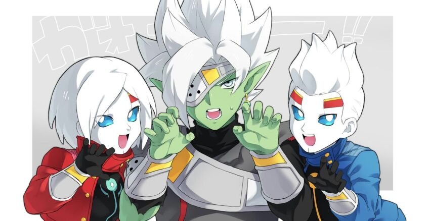 1girl 2boys black_bodysuit black_gloves blue_eyes blue_jacket bob_cut bodysuit border bracer brother_and_sister claw_pose colored_skin cropped_jacket dragon_ball dragon_ball_heroes earrings eyepatch facial_mark fused_zamasu gloves green_skin grey_eyes highres jacket jewelry kamin_(dragon_ball) looking_at_viewer multiple_boys nana_tsuba_(pixiv78353289) no_pupils official_alternate_costume one_eye_covered open_mouth oren_(dragon_ball) parted_bangs pointy_ears potara_earrings red_jacket short_hair siblings spiked_hair sweatdrop third-party_source torn_clothes torn_sleeve translation_request twins upper_body white_border white_hair white_skin zamasu