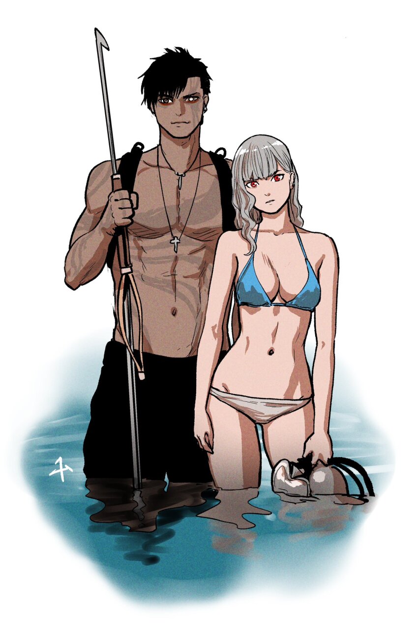 1boy 1girl artist_logo bikini bikini_day black_hair black_male_swimwear blue_bikini blunt_bangs breasts closed_mouth collarbone dark-skinned_male dark_skin diving_mask goggles grey_bikini grey_hair harpoon hashtag-only_commentary heterochromia highres holding_harpoon logo looking_at_viewer male_swimwear medium_breasts medium_hair mismatched_bikini navel original red_eyes short_hair straight-on swimsuit topless_male wading water white_background yomoyama_takashi