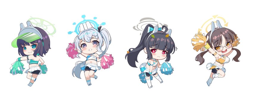 4girls absurdres alternate_costume alternate_hairstyle animal_ears arm_strap arm_up armpits arms_up bare_shoulders bike_shorts black_hair black_shorts blue_archive blue_bow blue_bowtie blue_collar blue_halo blush bow bowtie breasts brown_hair cheerleader chibi chibi_only cleavage closed_mouth clothes_lift collar commentary_request crop_top dimples_of_venus drooling eien_no_24-sai_no_shakai_hito fake_animal_ears flying_sweatdrops full_body glasses green_collar green_eyes green_halo green_hat grey_halo hair_bow halo hand_up hands_up hat highres holding holding_pom_poms kneehighs knees_together_feet_apart large_breasts leaf leaf_in_hair leaf_on_head long_hair looking_at_viewer medium_breasts medium_hair midriff miyako_(blue_archive) miyu_(blue_archive) moe_(blue_archive) multiple_girls navel open_mouth orange_eyes orange_halo pleated_skirt pom_pom_(cheerleading) pom_poms ponytail purple_eyes rabbit_ears rabbit_platoon_(blue_archive) round_eyewear saki_(blue_archive) shorts side_ponytail simple_background skirt skirt_lift small_breasts smile socks standing standing_on_one_leg tearing_up teeth thighhighs twintails visor_cap white_background white_hair white_skirt white_sneakers white_socks white_thighhighs wrist_cuffs