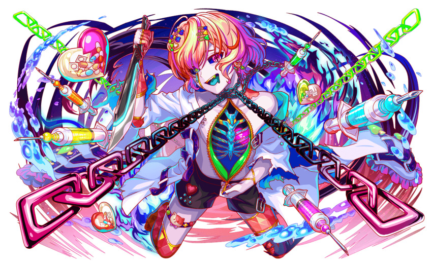 animal_ornament aqua_tongue artist_request asymmetrical_legwear belt belt_buckle belted_coat black_shirt black_thighhighs blue_bow blue_nails blue_sclera bone bow broken_heart buckle cat_ornament cel_shading chain chain_around_neck character_request coat collarbone colored_sclera colored_teeth crash_fever drooling earrings fingernails flower_earrings full_body game_cg gloves green_eyes green_teeth hair_bow hair_ornament hairclip heart heart_(organ) heart_earrings heart_hair_ornament heart_ornament heterochromia holding holding_knife jewelry knife lab_coat medicine mismatched_legwear mouth_drool multicolored_hair nail_polish no_shirt no_shoes number_print numbered official_art open_clothes open_coat orange_hair orange_teeth outline pale_skin partially_fingerless_gloves pill pink_eyes pink_hair purple_belt red_gloves red_outline red_teeth red_thighhighs ribs shirt short_hair single_bare_shoulder solo square square_print streaked_hair syringe tachi-e thigh_strap thighhighs third-party_source three-quarter_sleeves toes torn_clothes torn_coat torn_sleeves torn_thighhighs transparent_background two-sided_coat two-sided_fabric white_coat yellow_teeth zipper